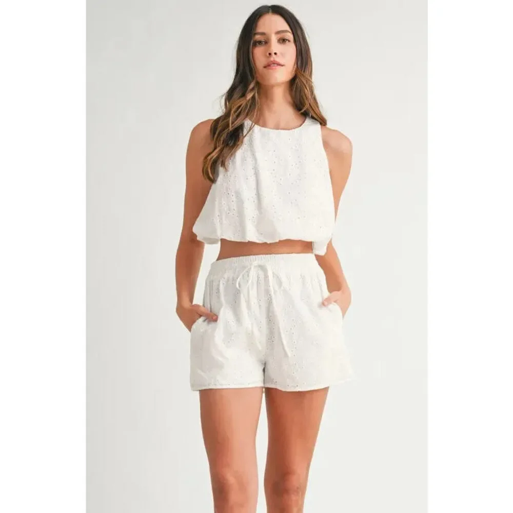 MABLE Eyelet Bubble Hem Sleeveless Top and Shorts Set